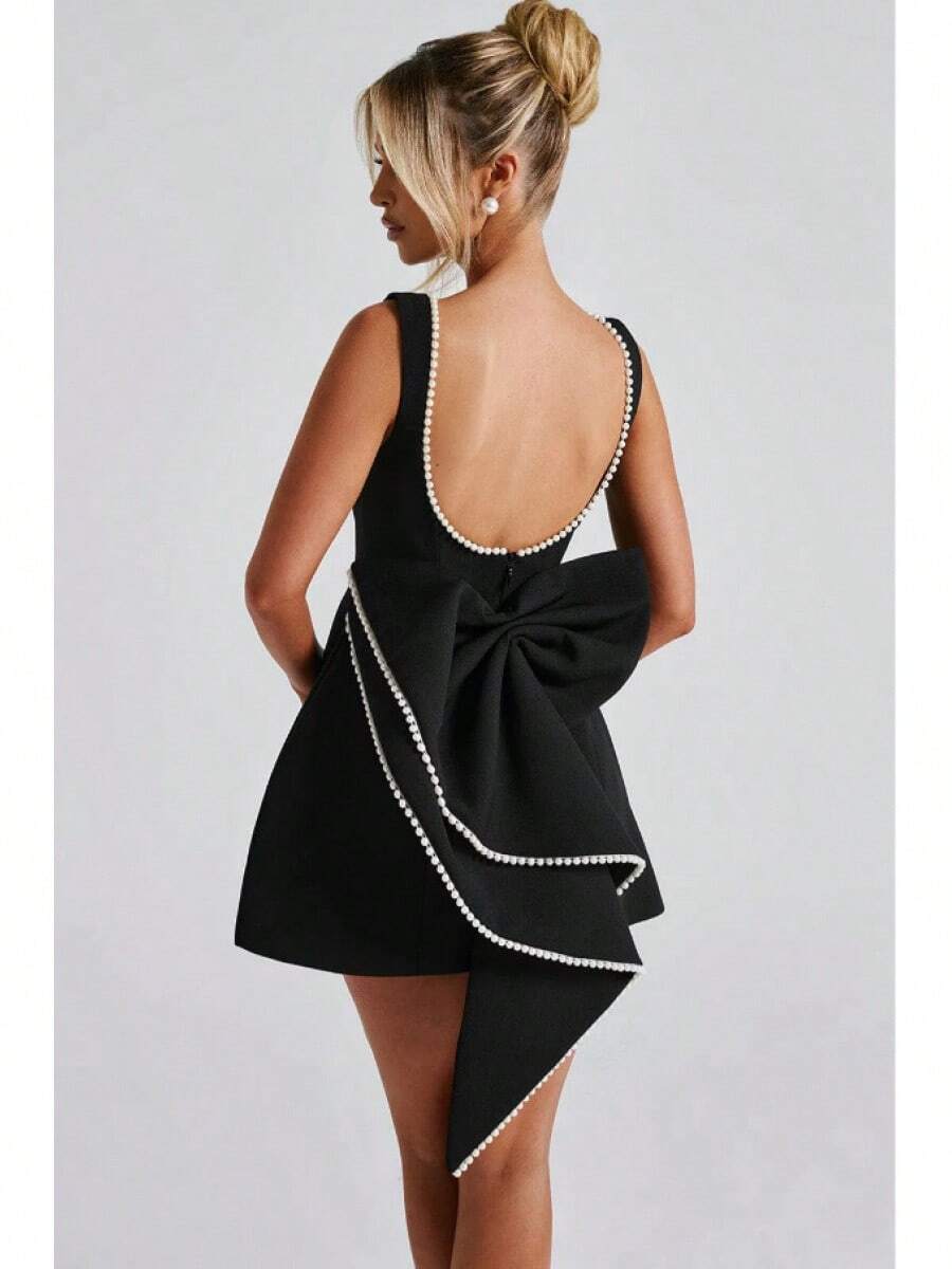 Women's Summer Pearl Bow Backless A-Line Mini Dress Sexy Slim Fit Party Wedding Guest Outfit 2026 Pearl Bow Backless A-Line Mini Dress Sexy Slim Fit Party Wedding Guest Outfit 2026 - 黑色 - 查看 1