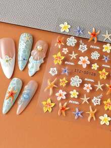 2pcs 5D Embossed Ocean Style Nail Art Stickers - Orange Hibiscus Flower & Starfish Nail Decals - Summer Beach/Vacation/Music Festival DIY Nail Decoration - Multicolor - View 3