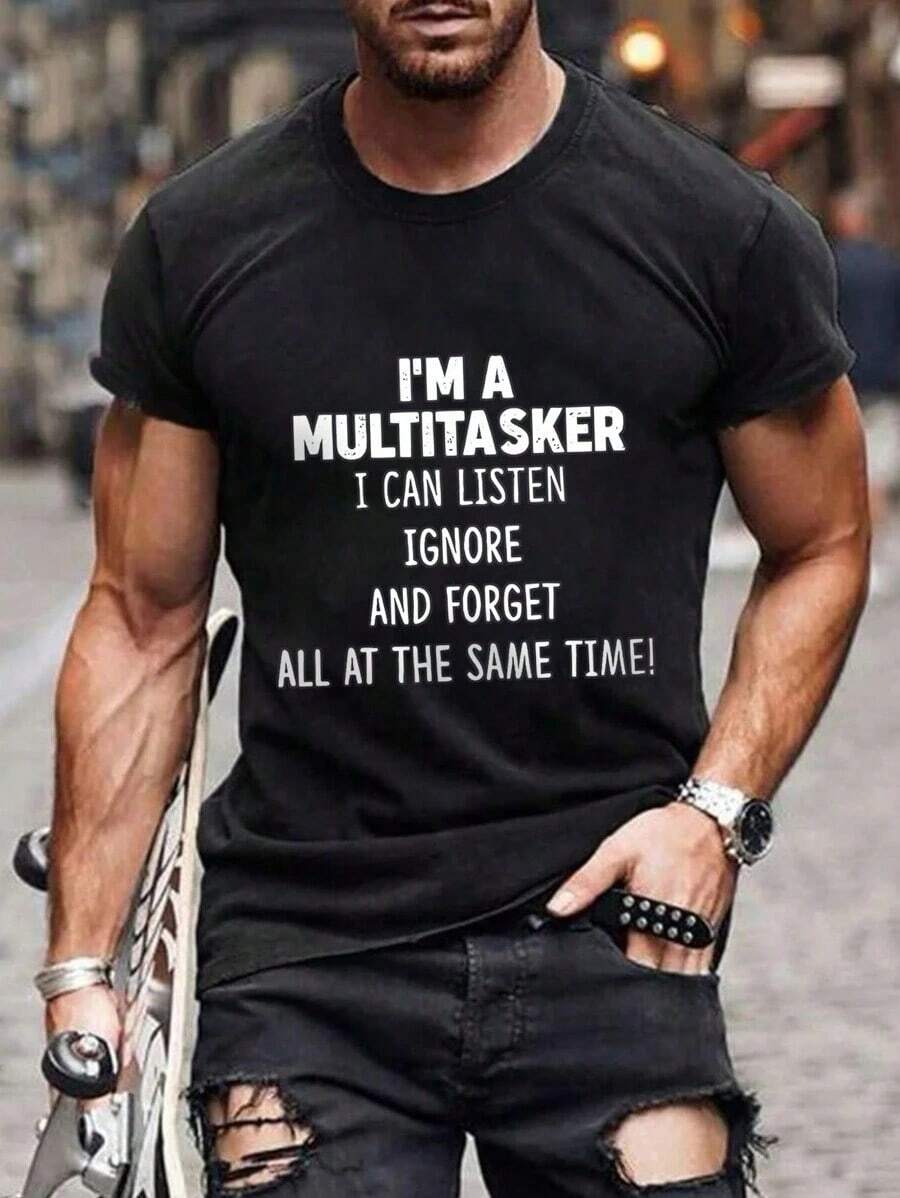 Men's Graphic T-Shirt With Slogans - Black - View 1