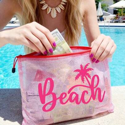 Waterproof Fashion Mesh Beach Bag, Makeup Bag With "Beach" Coconut Tree Print, Beach Theme. Large Capacity Transparent Makeup Bag, Nylon Zipper Toiletry Bag, Lightweight, Can Hold Sunscreen, Snacks, Bikini And Beach Essentials