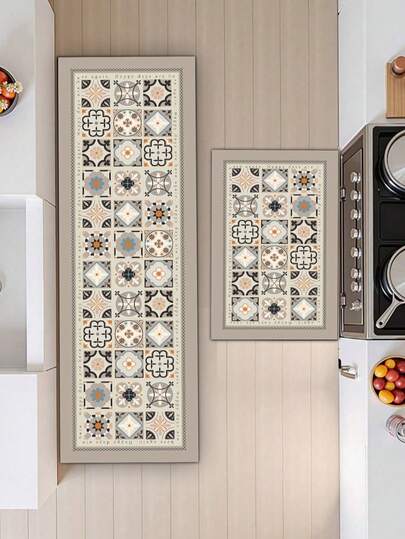 1 tấm thảm nhà bếp bằng cao su mềm thấm hút nước, dày 3.5mm, thảm trải sàn hoặc thảm nhỏ, họa tiết gạch men kiểu Pháp cổ điển, được tạo thành từ nhiều thiết kế gạch men cổ điển khác nhau, tông màu Morandi ít bão hòa, kết hợp các yếu tố hình học, hoa văn, đối xứng cổ điển cho trang trí phòng.