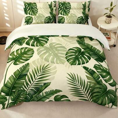 2/3pcs Duvet Cover Set, Bedding Set, Rainforest Green Leaf Print Quilt Cover Set Soft And Comfortable Skin-Friendly And Breathable Bedding Suitable For All Seasons For Single Twin Full King Queen Bed Sizes Machine Washable Suitable For Spring And Summer Decor Room Supplies 1pc Duvet Cover With 1/2pcs Pillowcases (Without Filler)