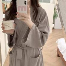 Áo ngủ kiểu kimono tối giản họa tiết waffle mới năm 2025 dành cho nữ, thích hợp cho mùa Xuân/Thu/Hè. - Nhiều màu - Xem 4