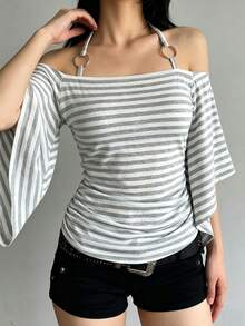 Áo kiểu nữ Mariasol thắt dây vai, tay loe, kẻ sọc, thanh lịch, phong cách Y2K, thích hợp mặc hàng ngày, đi nghỉ mát, dự tiệc, lễ hội nhạc đồng quê, mùa xuân/hè. - Nhiều màu - Xem 2