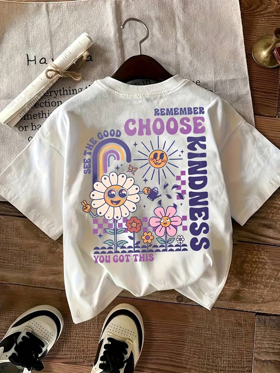 Bekväm kortärmad t-shirt med rund hals för kvinnor - Avslappnad blommig och bokstavstryck-X