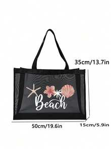 Bolsa de malla transpirable para la playa, diseño de patchwork para vacaciones en la playa, estampado de océano, estrella de mar, perla y patrón de letras, bolsa de malla de gran capacidad. - Multicolor - Ver 10