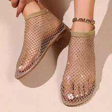 Women's Rhinestone Mesh Hollow Round Toe Mid-Calf Elastic Flat Sandals, Luxurious Style, Summer Mesh Flat Boots - Gold - View 12
