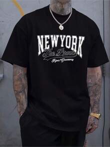 Camiseta para hombre 100% algodón 180g, cuello redondo, estampado de letras de Nueva York, mangas cortas transpirables, ajuste regular, ideal para ropa casual y actividades al aire libre, resistente y lavable a máquina - Negro - Ver 1