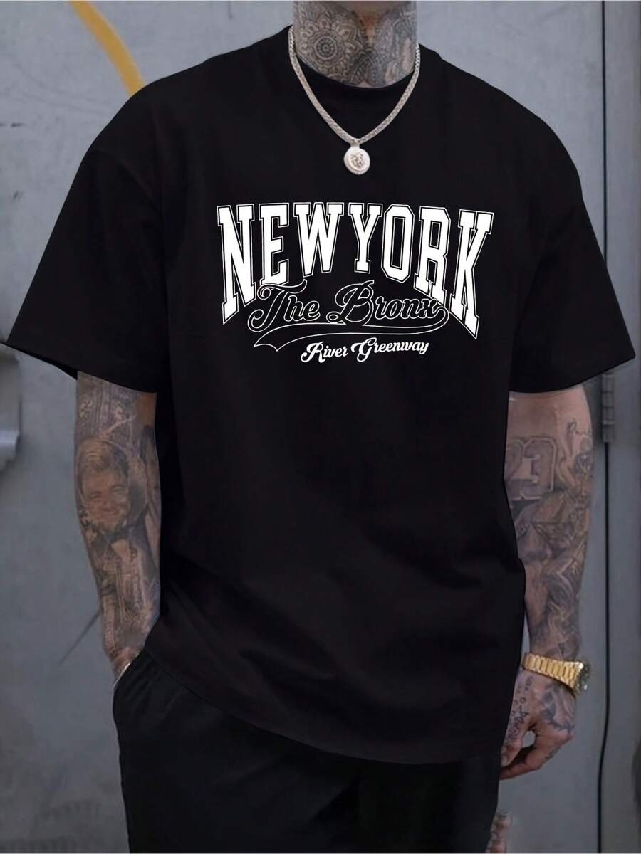 Camiseta para hombre 100% algodón 180g, cuello redondo, estampado de letras de Nueva York, mangas cortas transpirables, ajuste regular, ideal para ropa casual y actividades al aire libre, resistente y lavable a máquina - Negro - Ver 1