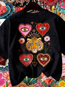 女士黑色高弹力老虎和爱心印花短袖圆领T恤，常规长度，夏季面料上衣 - 黑色 - 查看 4