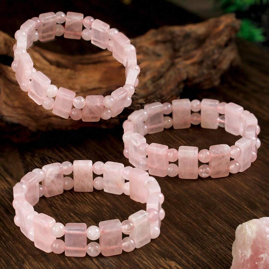 Sweet Pink Rose Quartz Natural Stone Bracelet, Square & Round Beaded Elastic Bracelet, Vintage Elegant Jewelry Accessory For Women, Suitable For Daily, Vacation, Party Wear