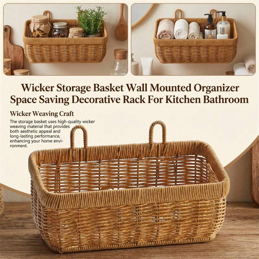 Cesta de picnic tejida, cesta de mimbre multifuncional, cesta de almacenamiento portátil, organizador de compras de estilo rural - Multicolor - Ver 1