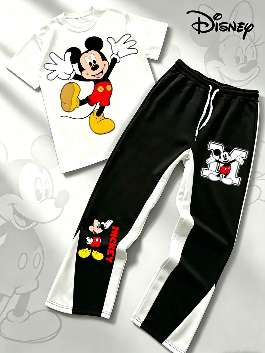 Disney Classic Mickey Mouse Cartoon Graphic 2 Piece Tracksuit Set For Men, Casual Loose Short Sleeve T-Shirt And Color Block Sweatpants Outfit - trắng - Xem 1