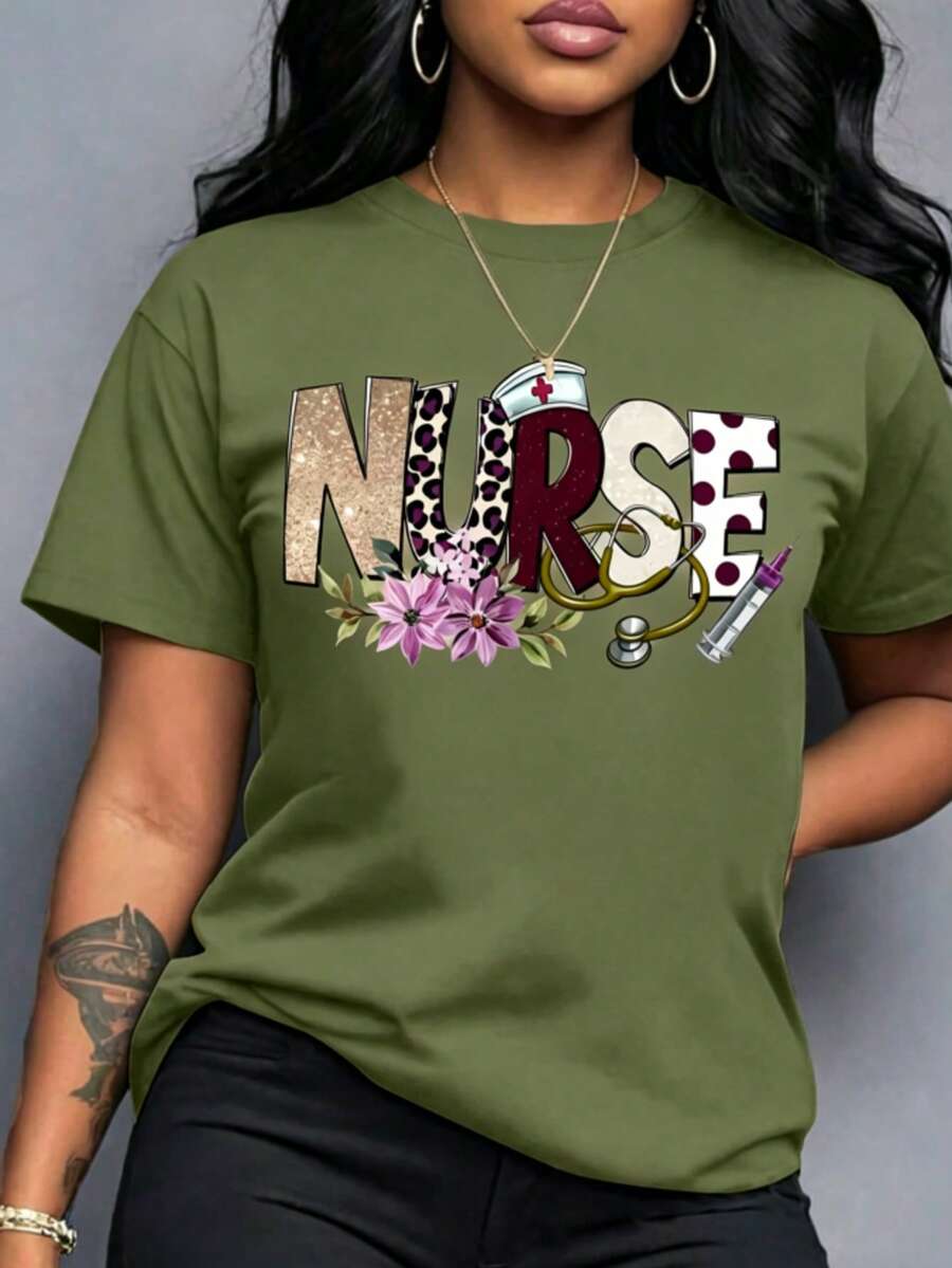 Women's Nurse Print T-Shirt - Themed Design, Short-Sleeved, Round-Neck, Loose-Fitting Top, Breathable And Machine Washable, In A Bright Turquoise Blue With Stethoscope And Syringe Patterns, A Fun Nursing Outfit Suitable For Casual Wear In Spring, Summer, And Autumn, Ideal For Nurses' Day And Everyday Workwear - xanh quân đội - Xem 1