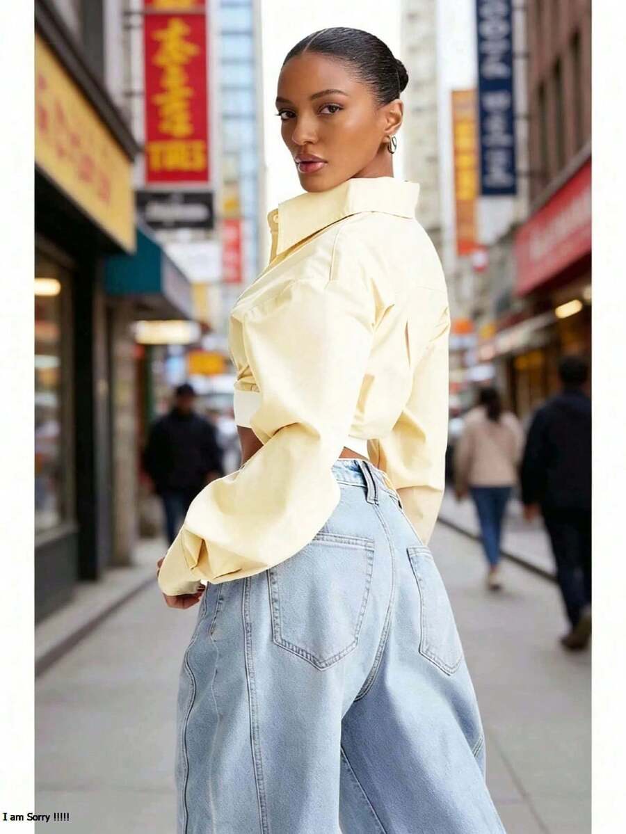 女款時尚鈕扣短版襯衫,標準版型長袖,附彈性腰帶設計,適合夏季穿著 - 奶油黃 - 查看 1
