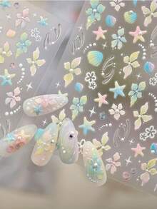 1片装 5D 夏季清新贝壳雕刻美甲贴纸 法式简约百搭海星花卉图案美甲装饰贴花配件 DIY - 彩色 - 查看 2