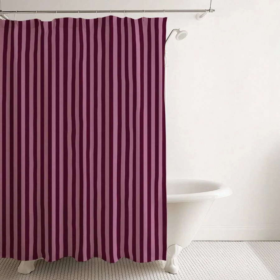 1pc Striped Purple Shower Curtain Boho Bathroom Decor Maroon And Pink Stripe Bath Curtain Mauve Bathroom Accessory Extra Long - 淡紫色 - 查看 1
