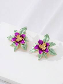 1 Pair Women's Metal Gold Multilayer Floral Stud Earrings, Hand-Painted Colorful Flower Earrings. Visually Layered Floral Button Earrings - Hot Pink - View 2