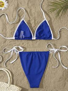 Ensemble de bikini à col ras-du-cou avec imprimé drapeau du Brésil, maillot de bain deux pièces style brésilien à nouer, bikini triangle, maillot de bain à séchage rapide pour vacances, plage et été - Bleu azur - Voir 2