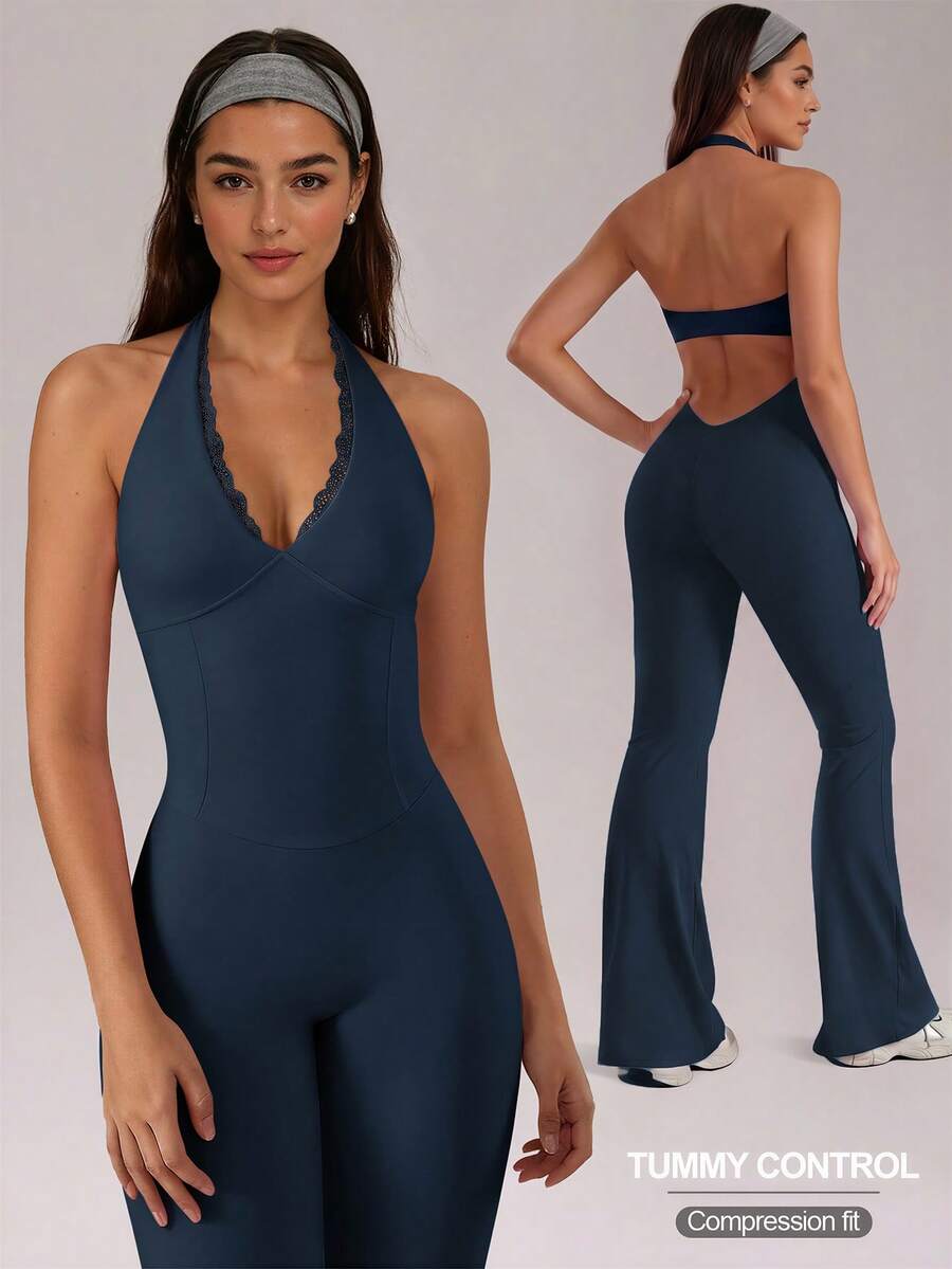 Women's Halter Neck Yoga Jumpsuit Lace Patchwork V Neck Removable Pads Hollow Out Backless, Sleeveless Tummy Control Casual Solid Color High Stretch Workout Utitard One Piece Jumpsuit For Y2K Yoga Gym Sports Dailywear, Ladies Sportswear All Seasons - 藏青 - 查看 1