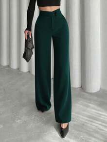 Pantalones rectos negros elegantes y casuales para mujer, pantalones de verano con cintura asimétrica en V para acentuar las curvas, adecuados para la escuela, el uso diario, el trabajo, las citas y las vacaciones de primavera - Verde Oscuro - Ver 4