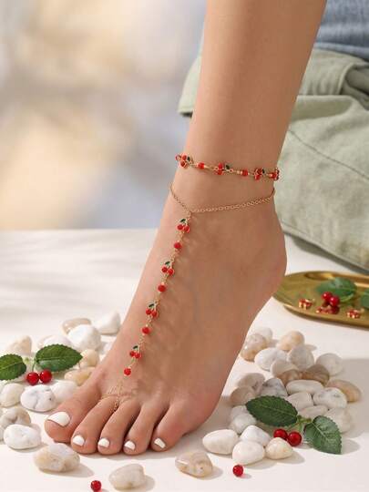 Bộ 2 chiếc nhẫn đeo ngón chân hình quả anh đào tráng men đáng yêu, trang sức thời trang cho nữ, phù hợp để đeo hàng ngày, đi biển, dự tiệc, các chuỗi dây thủ công được sắp xếp ngẫu nhiên.