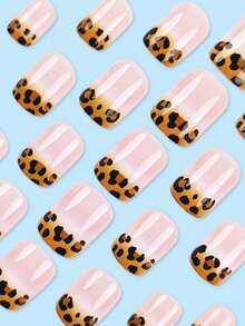 24pcs Leopard Print Gold Glitter False Nails, Solid Color Short Square Nail Stickers, Nude Ombre Pattern Nail Wraps, Full Coverage French Manicure Nail Art Set, Suitable For Women - Multicolor - View 3