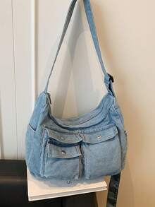 New Style Casual Solid-Color Multi-Pocket Jeans Crossbody Bag: Versatile, Large-Capacity Shoulder Bag, Crescent-Shaped Bag, Retro Hobo Bag-Perfect For Work, Commuting, Shopping, Travel, And Everyday Use - Blue - View 8