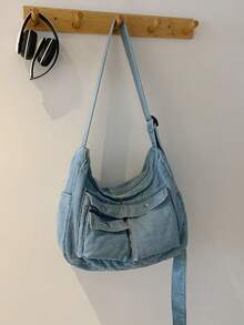 New Style Casual Solid-Color Multi-Pocket Jeans Crossbody Bag: Versatile, Large-Capacity Shoulder Bag, Crescent-Shaped Bag, Retro Hobo Bag-Perfect For Work, Commuting, Shopping, Travel, And Everyday Use - Blue - View 7
