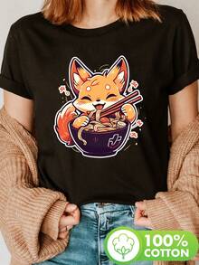 Women's Playful Fox And Ramen Graphic T-Shirt - 100% Cotton, Short Sleeve, Crew Neck, Lightweight Casual Top For Spring And Summer - X - Black - View 2