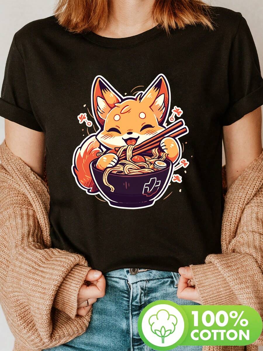 Women's Playful Fox And Ramen Graphic T-Shirt - 100% Cotton, Short Sleeve, Crew Neck, Lightweight Casual Top For Spring And Summer - X
