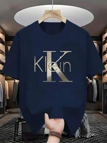 Mens Tshirts Graphic New Style Klein Letter Pattern Print Men'S T-Shirt, Sporty And Comfortable. Creative Design Suitable For Both Men And Women, Casual Men'S Sports T-Shirt, Solid Color Print T-Shirt Men Novelty Shirts - 黑色 - 查看 1