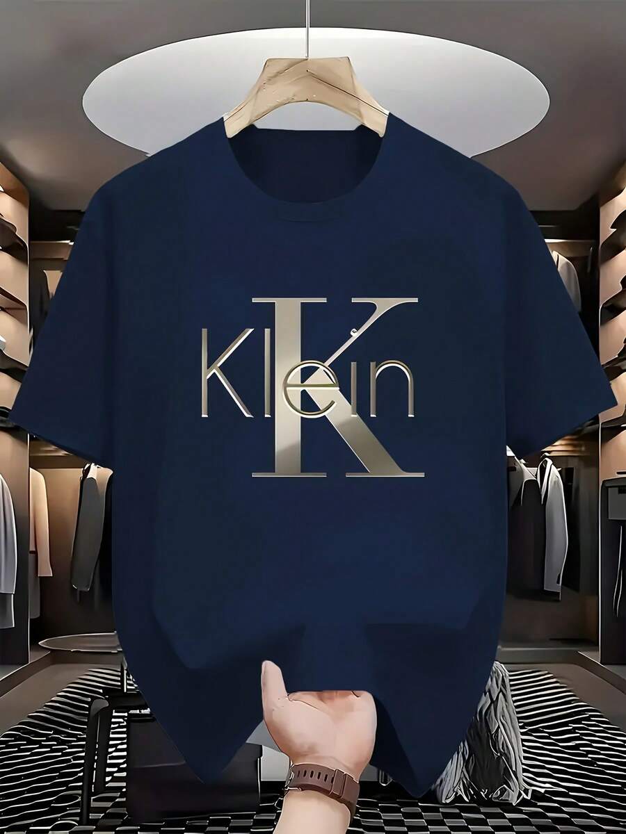 Mens Tshirts Graphic New Style Klein Letter Pattern Print Men'S T-Shirt, Sporty And Comfortable. Creative Design Suitable For Both Men And Women, Casual Men'S Sports T-Shirt, Solid Color Print T-Shirt Men Novelty Shirts - 黑色 - 查看 1