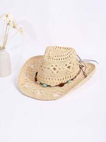 1pc Bohemian Style Casual Braided Beaded Hollow Out Panama Straw Hat Western Cowboy Hat Sun Hat Multi-Functional All Season - MZ3056+ML56 - View 7