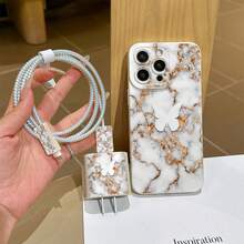 六合一白色大理石纹手机壳套装：手机壳+充电头保护套+数据线保护套+收纳线+数据线绕线绳，防震TPU保护壳，适用于 6/7/8/X/Xs/XR/XS Max/11/12/13/14/15/16 Pro Max，适合作为生日、圣诞节、节日礼物送给情侣、女朋友、女儿、青少年。 - 彩色 - 查看 5