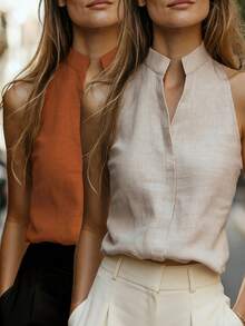 Conjunto de 2 piezas de top sin mangas con cuello Mao de estilo de lino y camiseta ajustada, minimalista y elegante, adecuado para la oficina, casual, citas, vacaciones y talla grande ocasiones de verano - Albaricoque + Marrón - Ver 9