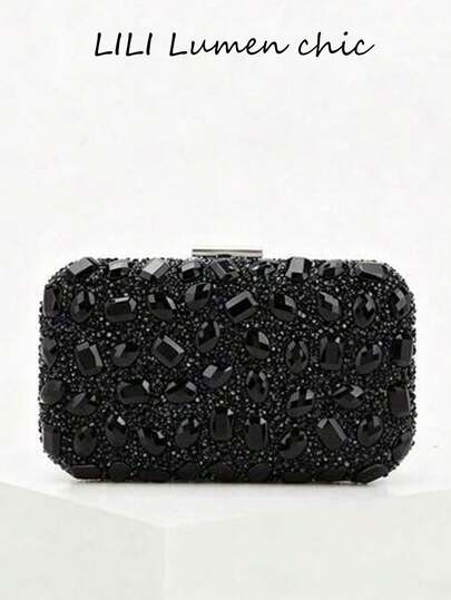 Bolso de embrague cuadrado de acrílico negro sólido, elegante bolso de noche con adornos de strass negros en todo el bolso, forro interior de poliéster y cadena de metal desmontable, bolso versátil a juego para club, fiesta, banquete, cita, evento formal, ocasión glamorosa diaria, bolso de lujo elegante para chicas jóvenes y elegantes