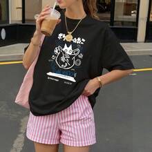 Camiseta Negra con Estampado de Gato y Texto Dual Match para Ocio Diario - Negro - Ver 3