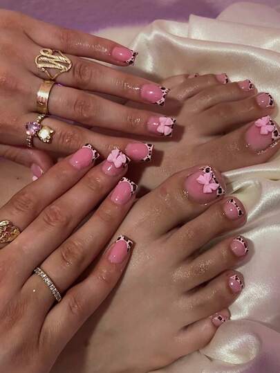 48Pcs Pink Leopard Print French 3D Bow Short Square Finger & Toe Press On Nails Set, Acrylic Nail Kit With 1pc Jelly Glue And 1pc Nail File, Y2K Spicy Girl Style, Press-On Acrylic Nail Stickers, Finger & Toe Fake Nails Set, Reusable Manicure Supplies, For Salon, Daily, Dating, Vacation, Party Wear, Body Accessories For Women, Gift For Girls, Travel & Summer Pedicure Essentials