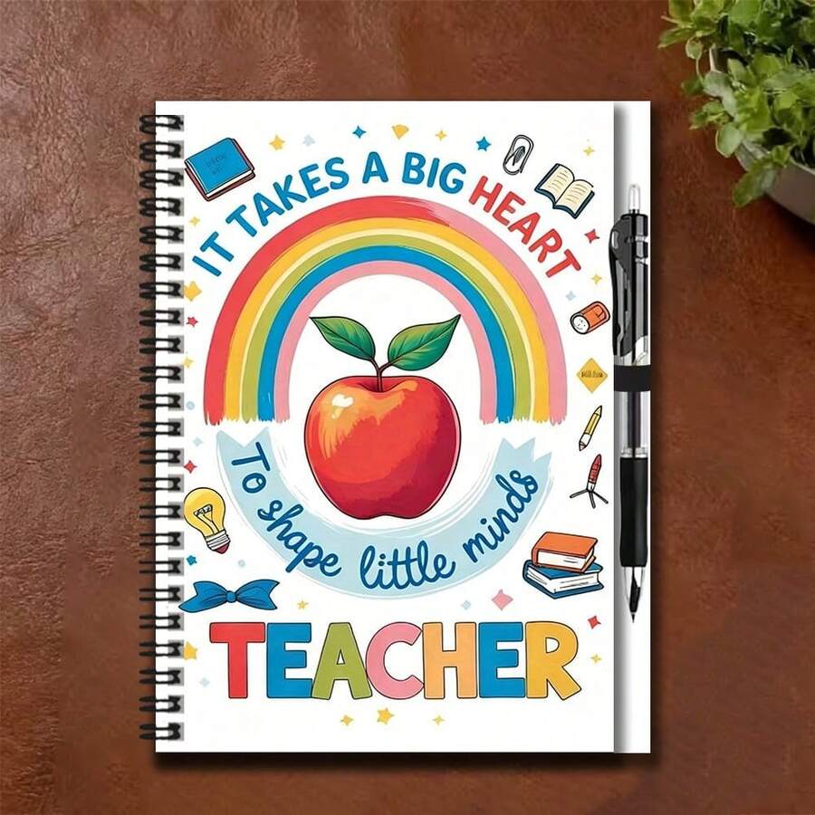 1 Set Teacher's Day Appreciation Gift! Spiral Notebook With Pen, Cover Decorated With Rainbow, Apple And Text "IT TAKES A BIG HEART To Shape Little Minds". Suitable For Work, Study, Journaling, Daily Planning, Also A Great Gift For Graduation, Birthday. - Option a + 1 Pen - View 1