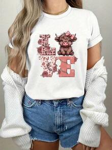 PremiumWomen Round Neck T Shirt Cute Cow Love Print Short Sleeve Casual Summer Top Fashion Graphic Tee For Everyday Wear -Friendly - Black - View 5