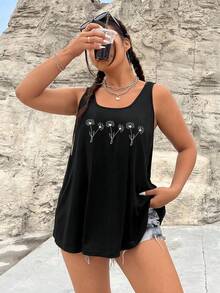 Women's Casual Sporty Style Vintage Fashion Round Neck Short Sleeve T-Shirt With Heart And Floral Print,Only One Short-Sleeve Shirt - 黑色背心一件3 - 查看 4