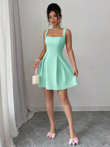Vestido casual de mujer con parches de unicolor, tirantes anchos y cuentas - Verde - Ver 6