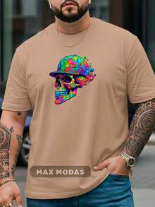 Camiseta Elegante Moderna Masculina Plus Size Streetwear Estampada Caveira Colorida Gola Redonda 100% Algodão Confortavel Malha Respirável Academia, Casual G1 G2 G3 G4 G5 - Caramelo - Visão 1
