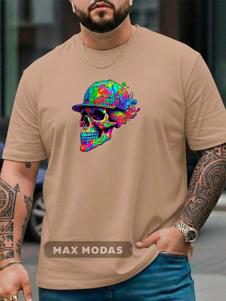 Camiseta Elegante Moderna Masculina Plus Size Streetwear Estampada Caveira Colorida Gola Redonda 100% Algodão Confortavel Malha Respirável Academia, Casual G1 G2 G3 G4 G5 - Caramelo - Visão 1
