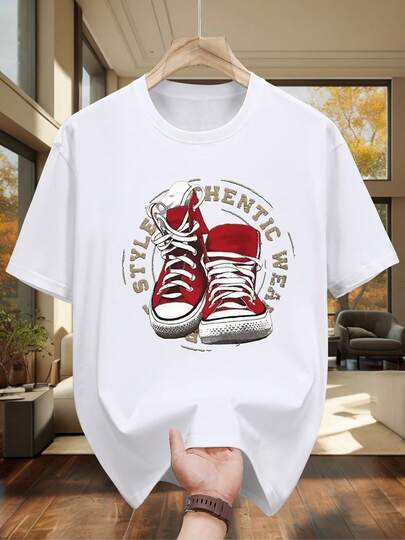 100% Heavyweight Fabric Men's T-Shirt - Black With Red And White Sneaker Graphic - Breathable Summer Tee For Daily And Formal Wear - Classic Casual Crew Neck Shirt - Great For Skateboarding And Streetwear, Skateboarding Clothing, Streetwear Fashion, Bold Graphic Design, Relaxed Fit, Street Style, Geometric Pattern, Durable Material, Urban Style-X