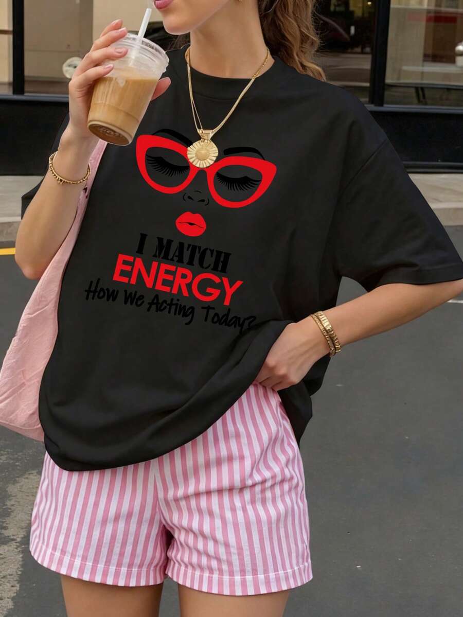 Camiseta Negra con Estampado de Gafas Rojas y Texto I Match Energy para Ocio Diario - Negro - Ver 1