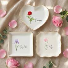 Khay đựng trang sức hình hoa sinh nhật cá nhân hóa, giá đỡ nhẫn bằng gốm viền vàng, quà tặng cô dâu dự tiệc cưới. - Nhiều màu - Xem 2