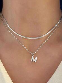 Bộ dây chuyền chữ cái bằng thép không gỉ tối giản, dây chuyền choker hình xương cá dành cho nữ, dây chuyền hình môi, dây chuyền chữ cái nhiều lớp. - Bạc 2 - Xem 3