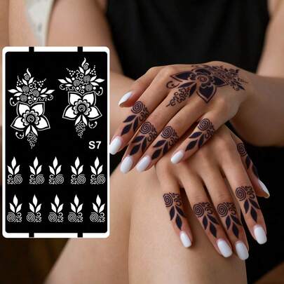 Khuôn vẽ hình xăm hoa rỗng Hana vẽ tay - Họa tiết hoa quyến rũ, thích hợp cho tay, tự vẽ, mực, mẫu thiết kế Mandala có thể tái sử dụng, thích hợp cho trang điểm dự tiệc trên cơ thể dành cho nữ.